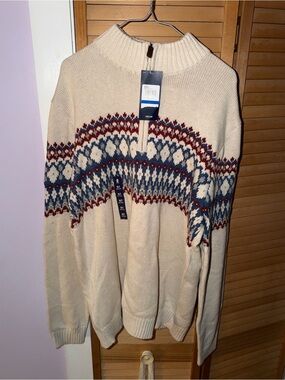 Izod Cream Zip Mock Neck Sweater with Navy & Burgundy Fair Isle